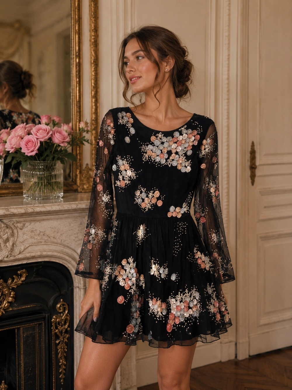 ASOS Black Beaded Sequin Pearl Embellished Net Fit & Flare Dress Size 4